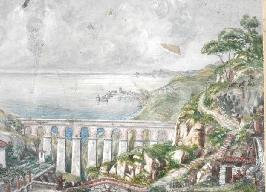 Vintage Drawing Original Cityscape Italian Landscape with Bridge - 7