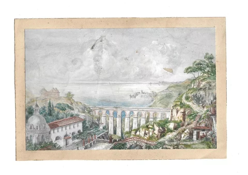 Vintage Drawing Original Cityscape Italian Landscape with Bridge - 8