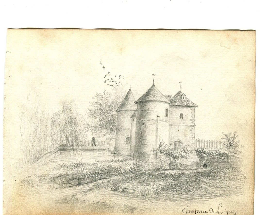 Antique Pencil Original Drawing 19th century Loigny Castle Landscape - 2