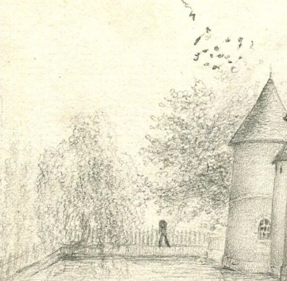 Antique Pencil Original Drawing 19th century Loigny Castle Landscape - 3