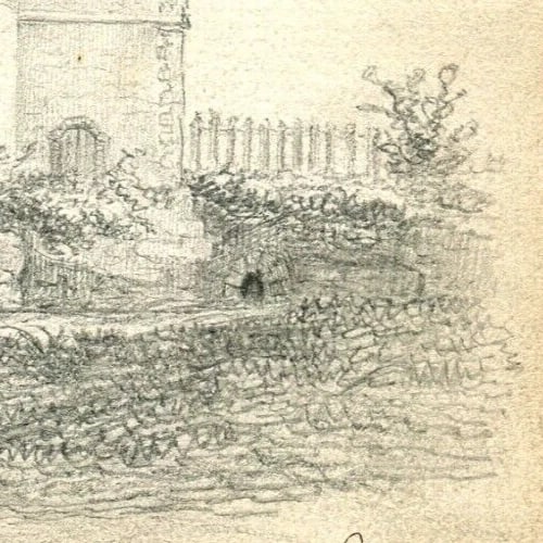 Antique Pencil Original Drawing 19th century Loigny Castle Landscape - 4