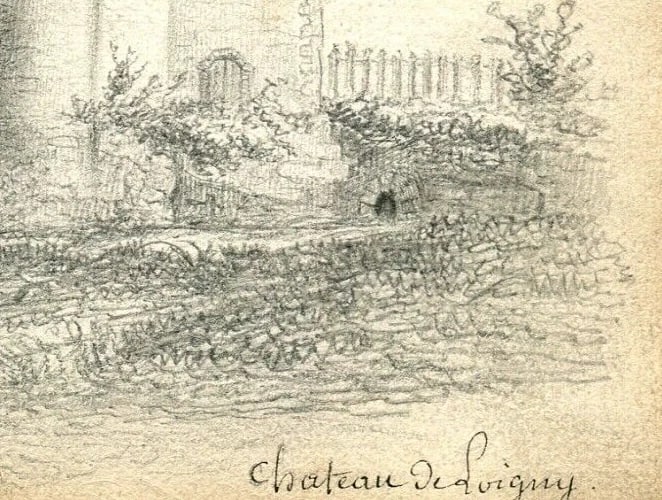 Antique Pencil Original Drawing 19th century Loigny Castle Landscape - 7