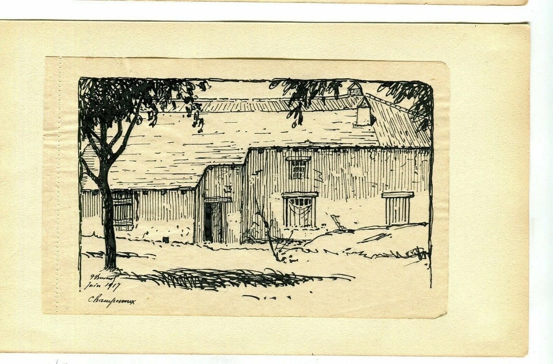 French Ink Drawing Champenoux Farm Landscape Antique Original - 2