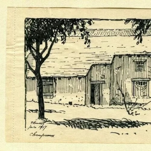 French Ink Drawing Champenoux Farm Landscape Antique Original - 3