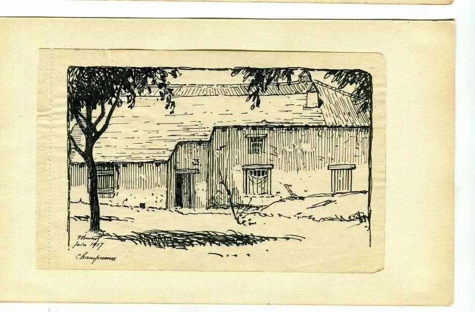 French Ink Drawing Champenoux Farm Landscape Antique Original - 7