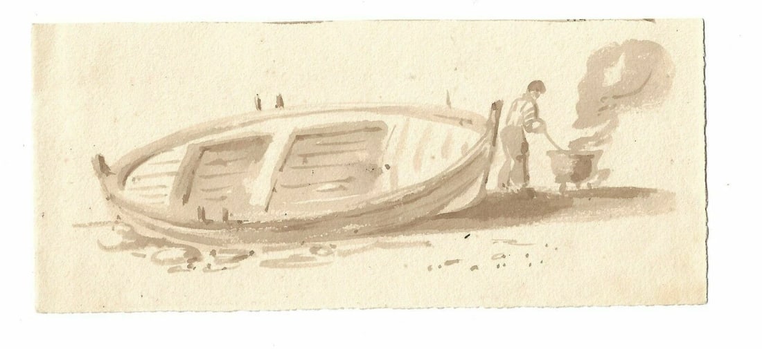 French Ink Drawing Man, Fire, Boat, Maritime, Beach, Seascape - 2