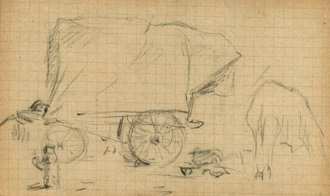 French Pencil Drawing Caravan, Plow Sketch, Life Scene Antique (1 of 8)