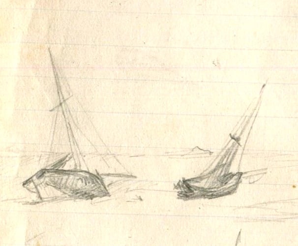 French Maritime Landscape Boats Seascape - Pencil Drawing Original: Title: French Maritime Landscape Boats Seascape - Pencil Drawing Original Description: Pencil on paper 9,5 x 15 cm / 3.74 x 5.90 inches stains, folds Reserve: $30.00 Shipping: Domestic: Flat