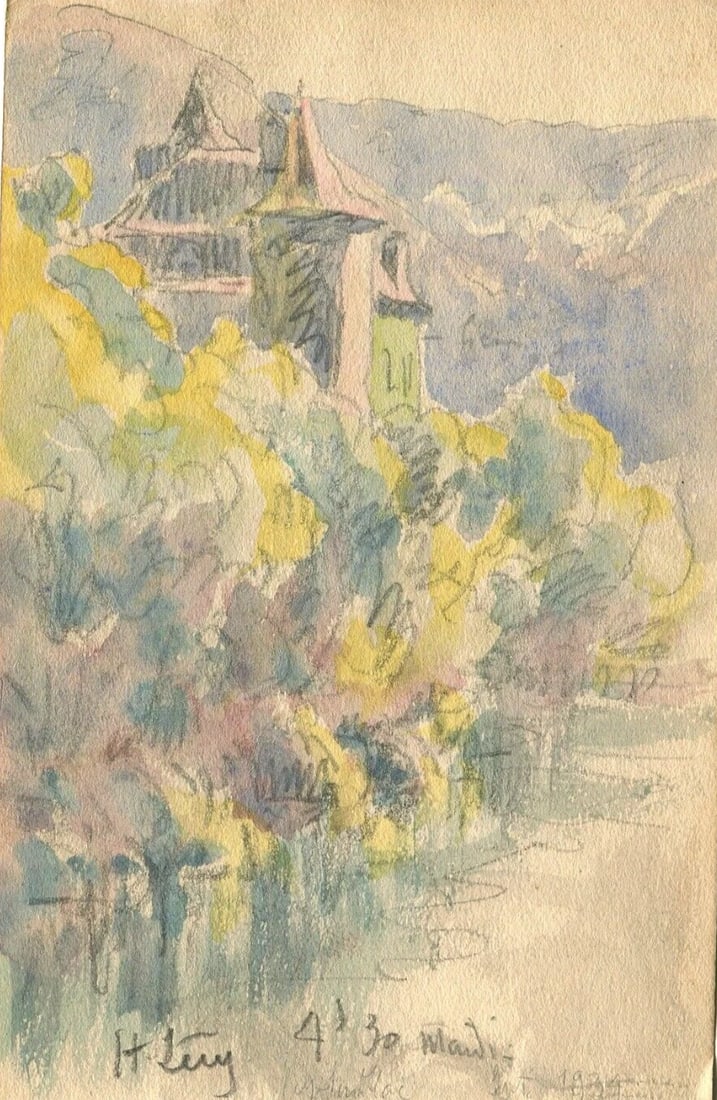 Vintage Drawing Original signed Landscape with Castle next to the River (1 of 8)