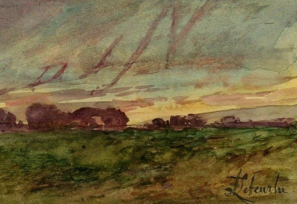 Vintage Original Drawing Landscape, Sunset, Forest, Trees: Title: Vintage Original Drawing Landscape, Sunset, Forest, Trees Description: Watercolor on paper 7 x 11.5 cm signed stick on paper, stains Reserve: $40.00 Shipping: Domestic: Flat-rate