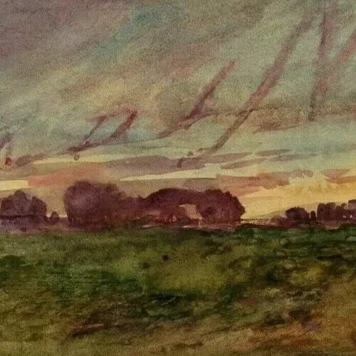Vintage Original Drawing Landscape, Sunset, Forest, Trees - 3
