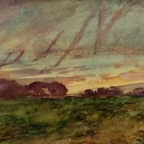 Vintage Original Drawing Landscape, Sunset, Forest, Trees - 5