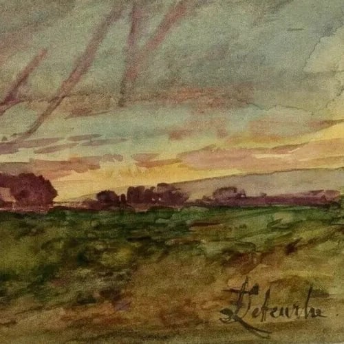 Vintage Original Drawing Landscape, Sunset, Forest, Trees - 7