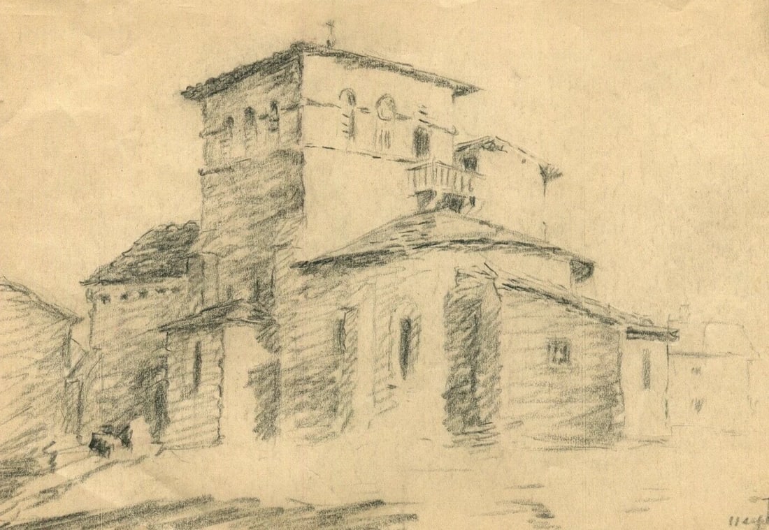 1933 Dated French Pencil Drawing Church, Monastery, Landscape, Architecture (1 of 8)