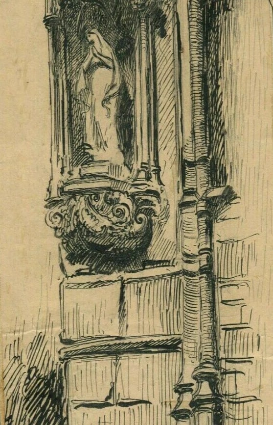 19th century Religious Gothic Church Chasselay - Drawing Antique Ink Original (1 of 8)