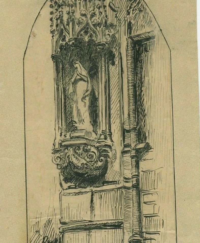 19th century Religious Gothic Church Chasselay - Drawing Antique Ink Original - 3