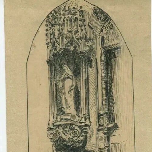 19th century Religious Gothic Church Chasselay - Drawing Antique Ink Original - 4
