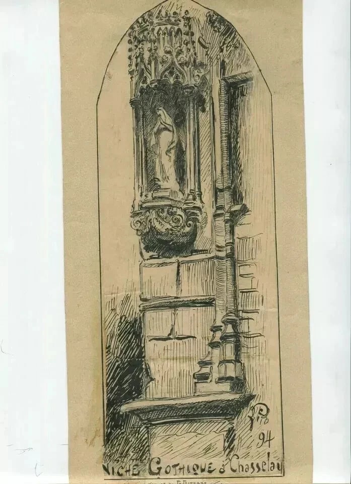 19th century Religious Gothic Church Chasselay - Drawing Antique Ink Original - 5