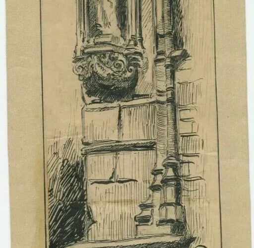 19th century Religious Gothic Church Chasselay - Drawing Antique Ink Original - 6