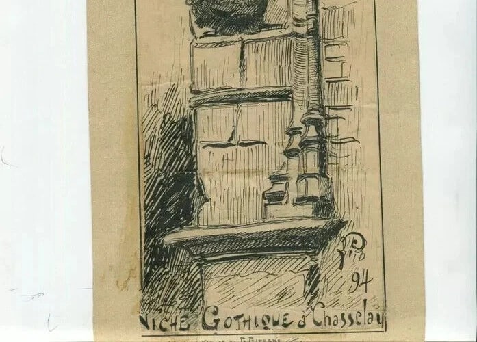 19th century Religious Gothic Church Chasselay - Drawing Antique Ink Original - 7