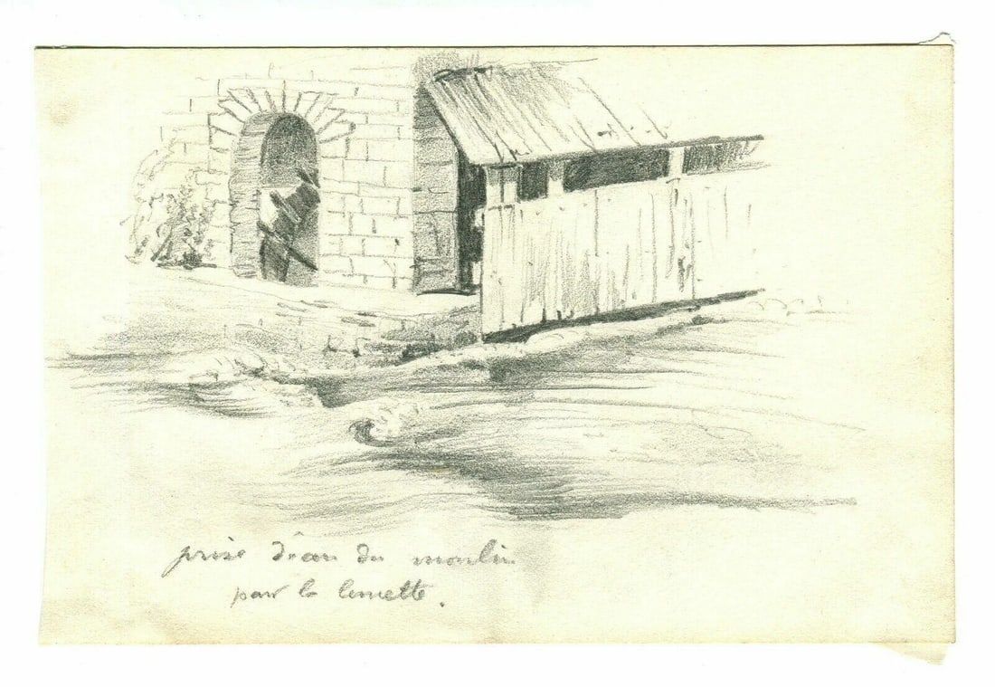French Pencil Drawing Landscape River, Watermill Signed Antique - 2
