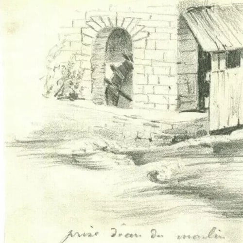 French Pencil Drawing Landscape River, Watermill Signed Antique - 3