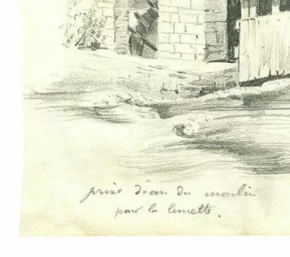 French Pencil Drawing Landscape River, Watermill Signed Antique - 5