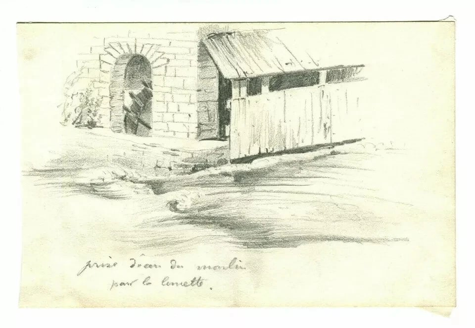 French Pencil Drawing Landscape River, Watermill Signed Antique - 6