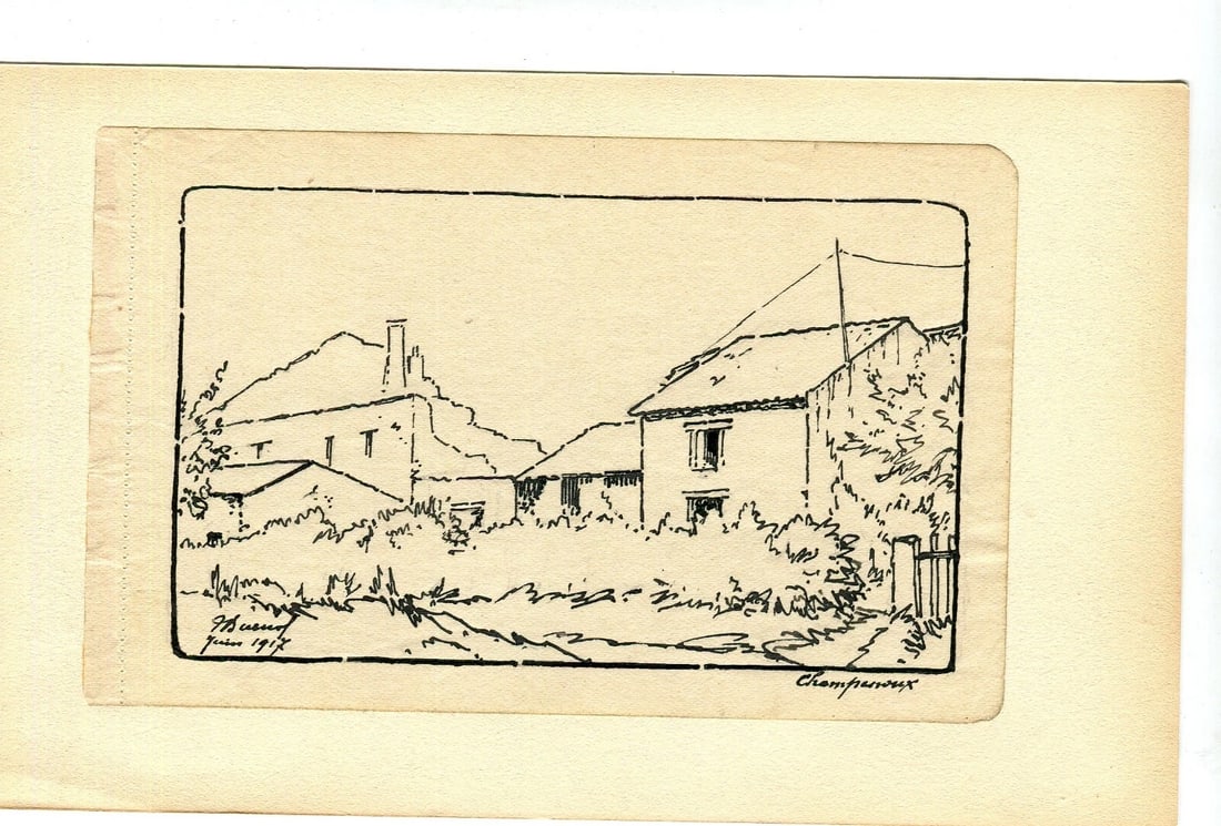 1917 Dated French Ink Drawing Village in Ruines, Lorraine Signed Antique - 2
