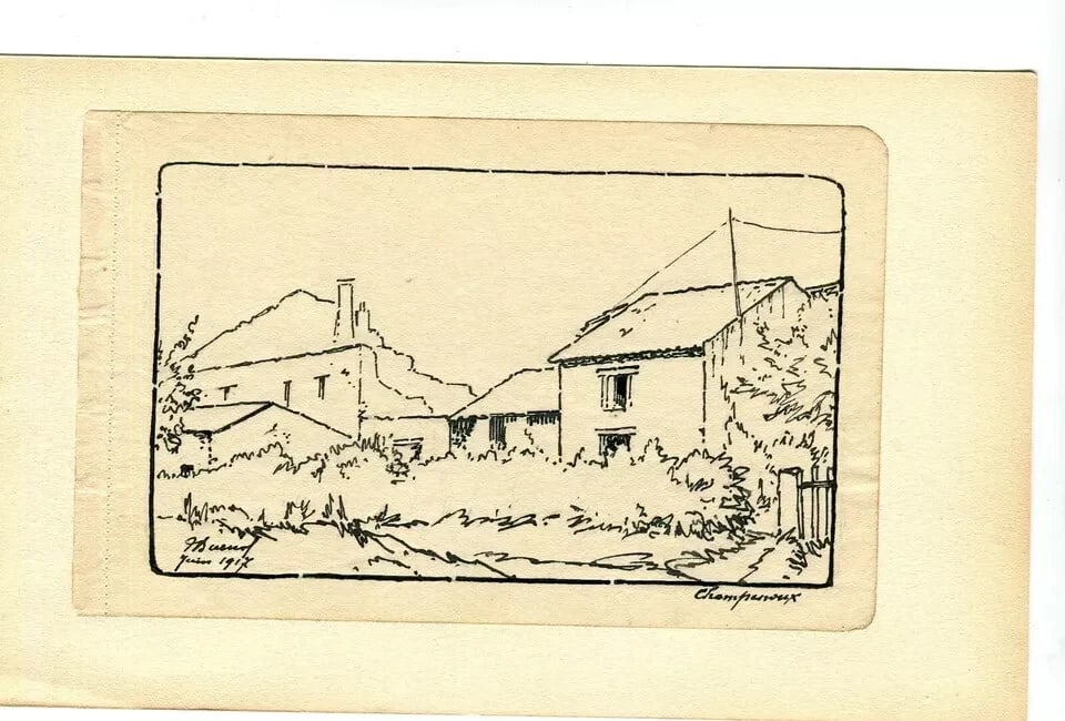 1917 Dated French Ink Drawing Village in Ruines, Lorraine Signed Antique - 5