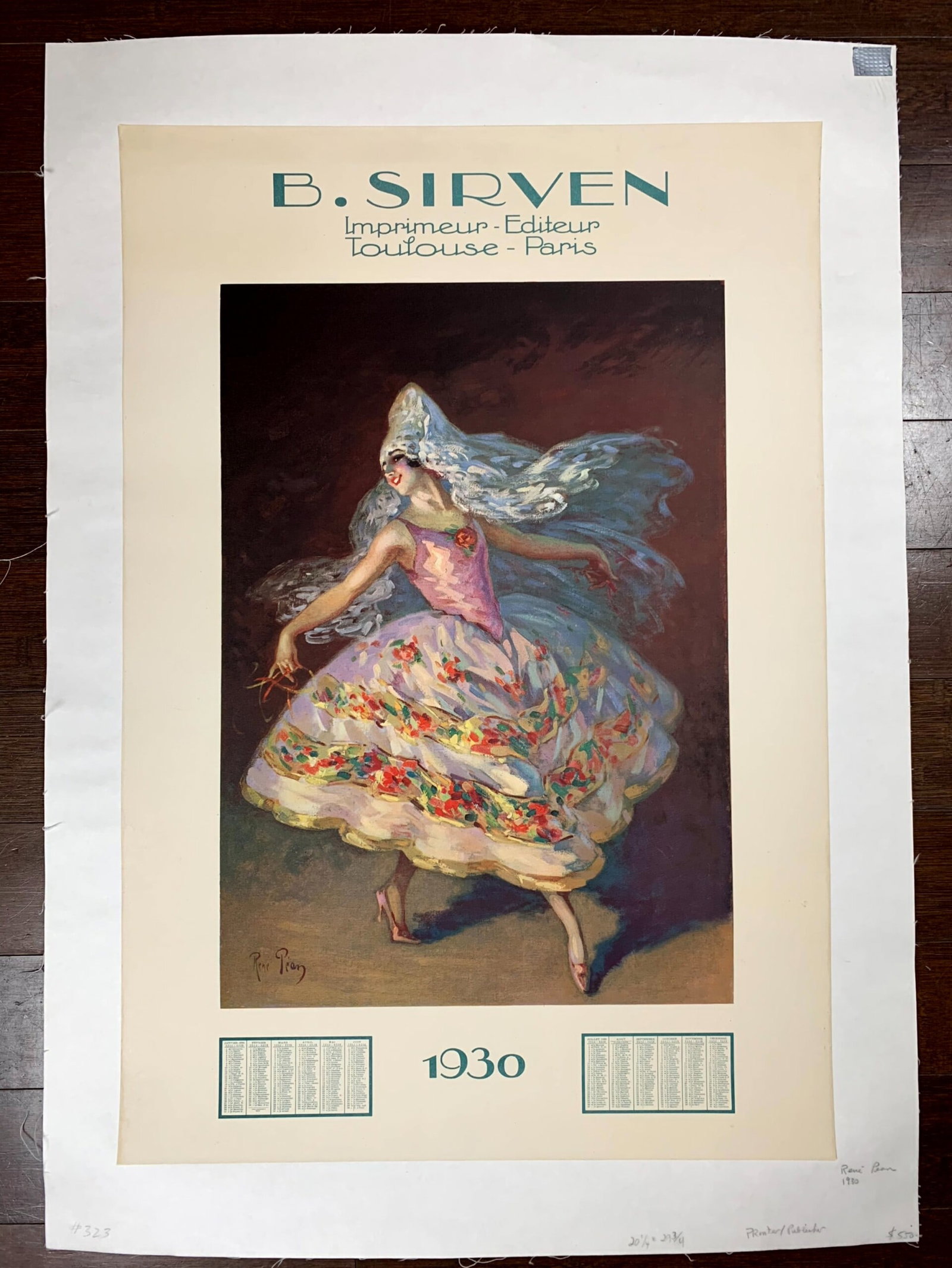 B.sirven - Art By Rene Pean (1930) 20.5x29.75 French Calendar LB (1 of 6)