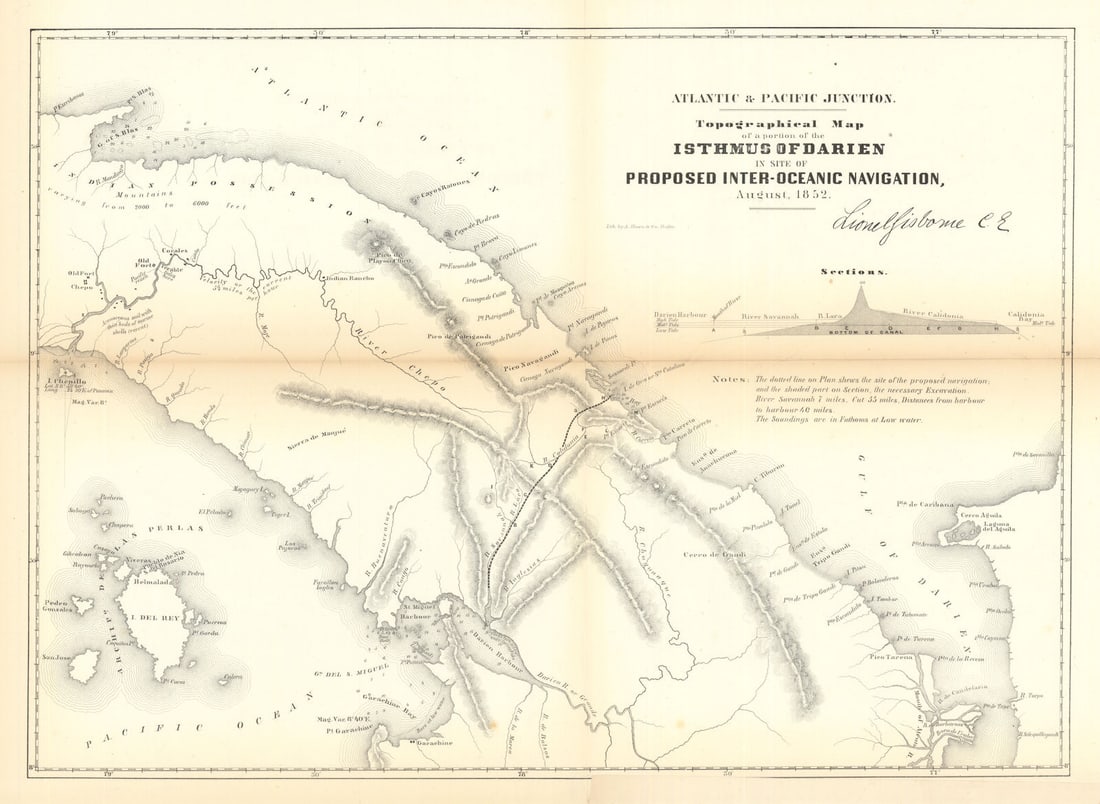 Topographical Map of… Isthmus of Darien. Proposed Panama Canal 1852 (1854): Title: Topographical Map of… Isthmus of Darien. Proposed Panama Canal 1852 (1854) Description: Atlantic & Pacific Junction - Topographical Map of a portion of the Isthmus of Darien, in site 