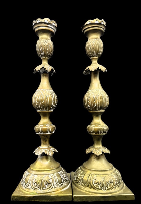Pair Antique Ornate Brass Candlesticks with Hallmark - 2