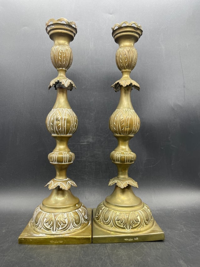 Pair Antique Ornate Brass Candlesticks with Hallmark - 4