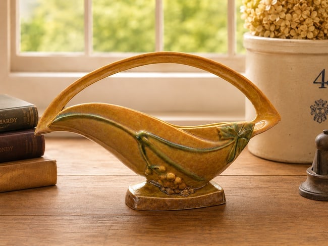 Roseville Wincraft Apricot 1948 Mid Century Modern Pottery Basket Vase # 209-12: Date/Period: approx. 1940's Dimension: Approx. 8.5" tall x 12" wide x 5" Material: pottery Additional Information: This beautiful Roseville Wincraft pottery vase is a stunning addition to any