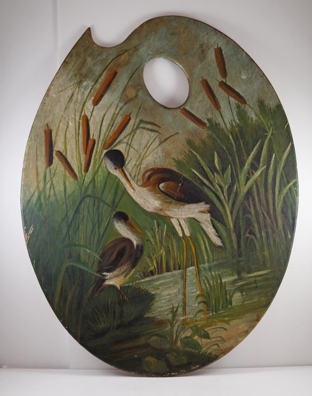 Antique Artist's Palette Board w/ Shorebirds, Cranes: Title: Antique Artist's Palette Board w/ Shorebirds, Cranes Additional Information: An eye-appealing colorful painting of Shorebirds (Cranes) standing in water amongst the cattailson an Antique Artist
