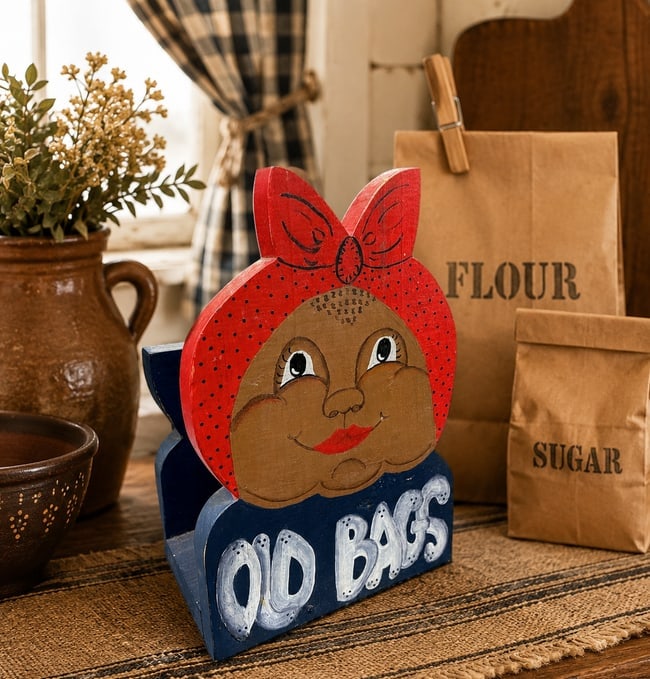 Folk Art Old Bags Mammy Bag Holder Kitchen Organizer: Date/Period: unknown Dimension: Approx. 10.75" tall x 7.25" x 5.25" Material: wood Additional Information: Folk Art Old Bags Mammy Bag Holder Kitchen Organizer Shipping: Domestic: Flat-rate of $18.00
