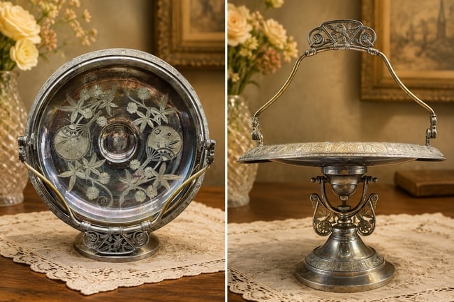 Antique Pairpoint Silver plate Brides Basket Bird Finial Swivel Top: Date/Period: APPROX LATE 1800'S-EARLY 1900'S Dimension: Approx. 14" with handle up, 8" with handle down. When tilted its 11.5" Tall and 10.5" diameter Material: silver plated Additional Information: