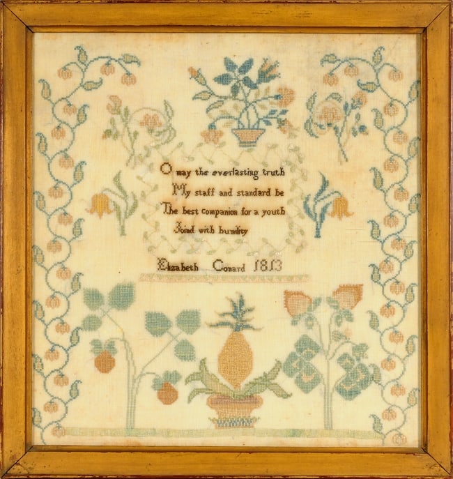 1813 NEEDLEWORK SAMPLER, MID-ATLANTIC STATES,: Flowering motifs dominate this visually pleasing sampler worked in soft colors. It is inscribed: Elizabeth Conard 1813, and she included a verse encouraging using truth and humility as a guiding force