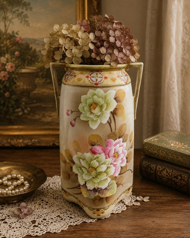 Antique Double Handle Vase Hand Painted 12" tall: Date/Period: unknown Dimension: Approx. 12" tall Material: porcelain ceramic Additional Information: Antique Double Handle Vase Hand Painted 12" tall Shipping: Domestic: Flat-rate of $20.00 to