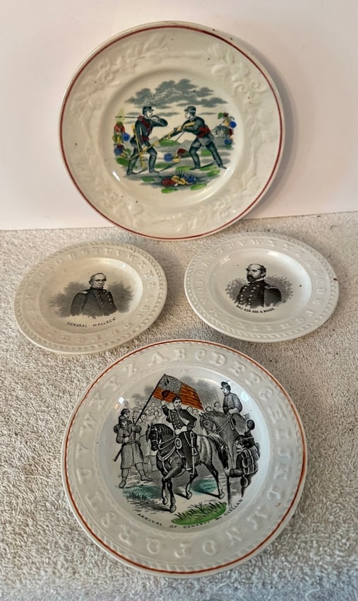 4 Staffordshire Civil War Kids' Plates: A small collection of 4 Staffordshire Children's Plates with American Civil War themes. The plates (from top to bottom of the photo, left to right) include: 1) 2 soldiers in hand-to-hand combat, one