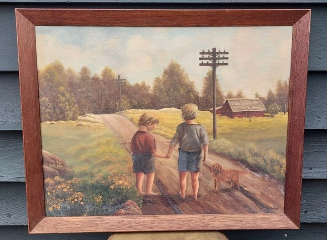 Oil painting Two Children On Country Road Dog 1951 Folk Art Painting (1 of 4)