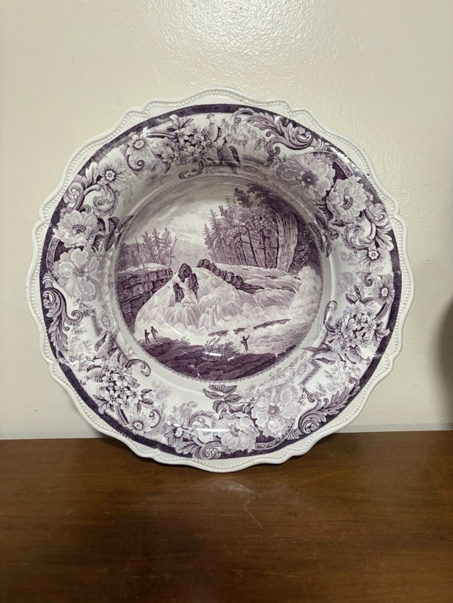 Clews Purple Hudson River Waterfall Historical Staffordshire Bowl: It measures 13 5/8" x 4 1/8" and is marked. It has a 1 1/2" hairline and a small chip restored on the top rim. The restoration is well done. Otherwise it has no other issues Shipping: Domestic: