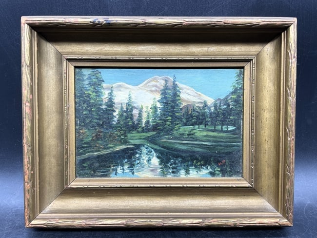 Miniature Primitive Mountain Landscape Painting Signed - 8