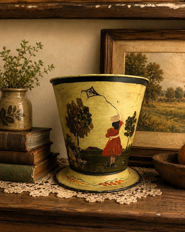 Primitive Folk Art Painted Metal Bucket Vintage Scene Girl w Kite SIGNED Elliott: Date/Period: unknown Dimension: Approx. 9.5" tall x 9" bottom diameter x 10" top diameter Material: metal Additional Information: This vintage painted metal bucket features a primitive folk art scene