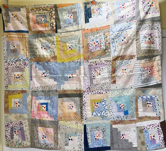 Primitive Quilt 66" x 60" Patchwork with Polka Dot Centers: Date/Period: unknown Dimension: Approx. 60" x 66" Material: fabric Additional Information: Primitive Quilt 66" x 60" Patchwork with Polka Dot Centers Shipping: Domestic: Flat-rate of $20.00 to