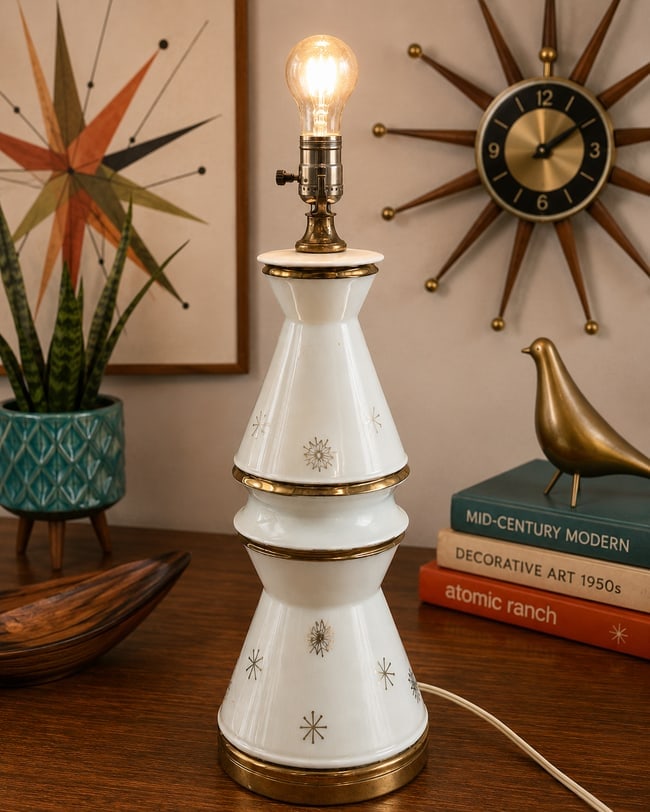 Atomic Cream Gold Snowflake Table Lamp MCM Mid-Century Modern: Date/Period: approx 1950's Dimension: 18" TALL Material: mixed materials Additional Information: Atomic Cream Gold Snowflake Table Lamp MCM Mid-Century Modern Shipping: Domestic: Flat-rate of $18.00 t