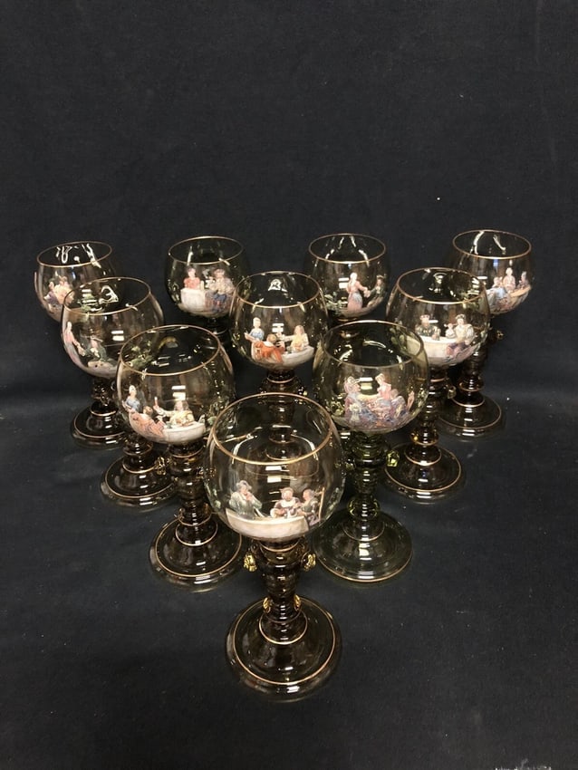 10 Green Bohemian Moser Art Glass Goblets (1 of 16)