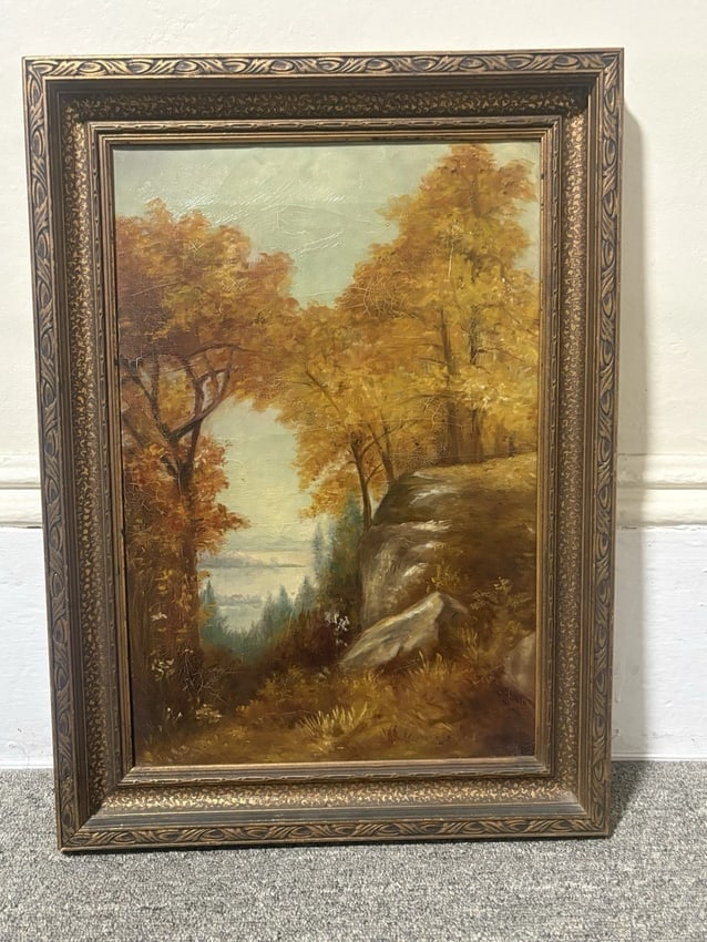 Artist Signed Oil On Canvas Landscape Painting: The frame measures 21 1/2" x 15 3/4" and the canvas measures 18" x 12". It is artist signed and I believe it dates around the early 20th century. It is in good condition and is being sold as is