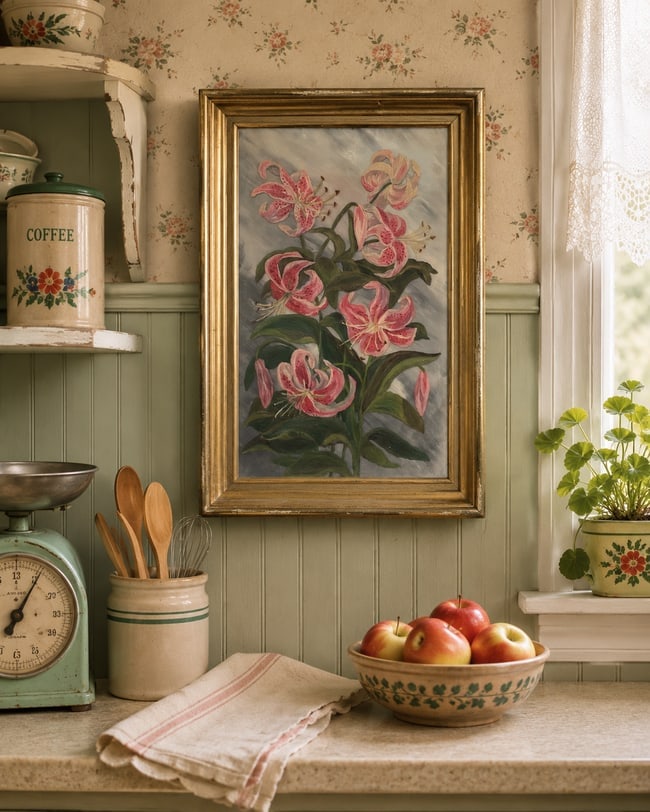 Beautiful Vintage Casablanca Lily Painting Painted on Glass: Date/Period: unknown Dimension: Approx. 15.5" x 23.5" Material: tempra or possibly oil on glass with a fabric backer Additional Information: Beautiful Vintage Casablanca Lily Painting temprea or